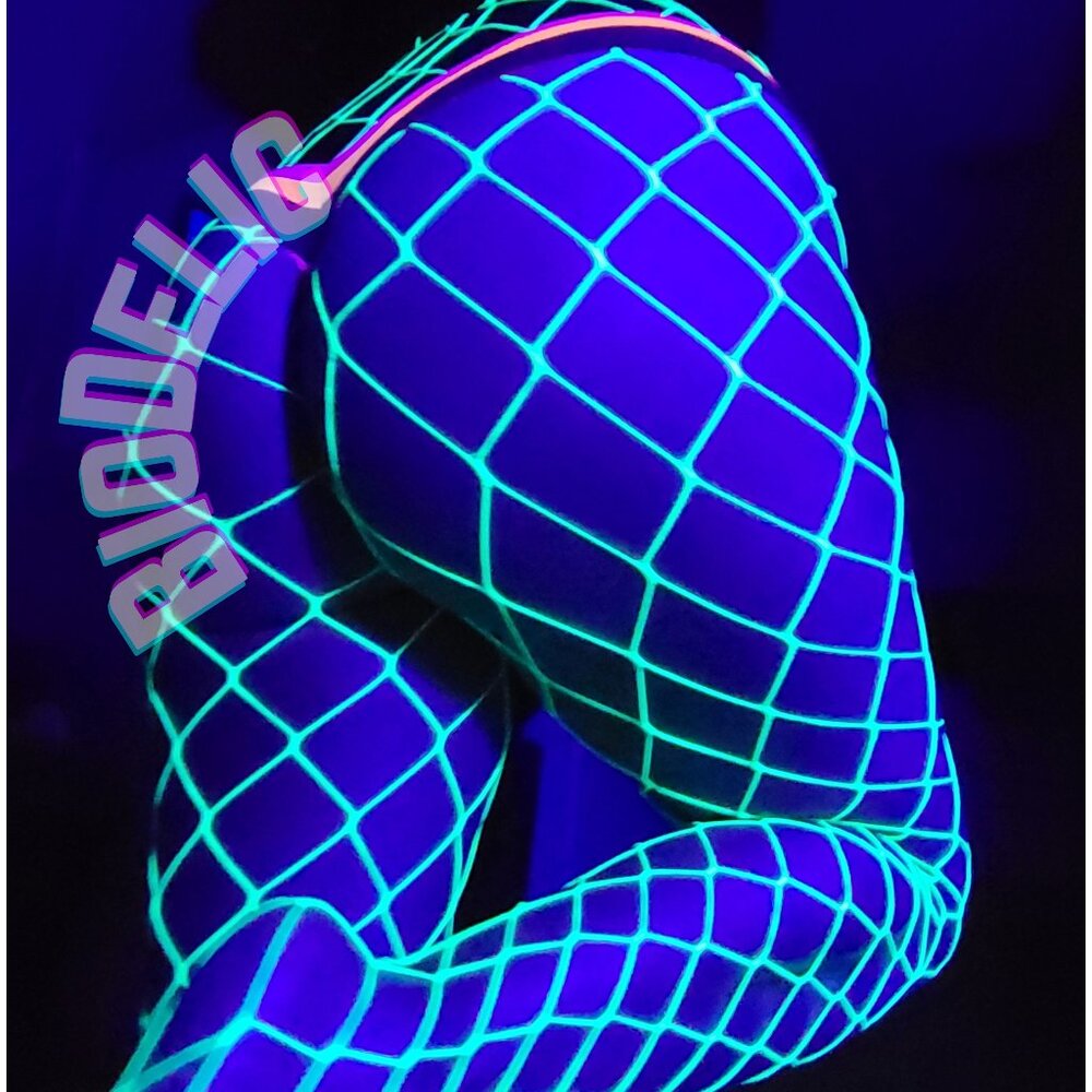 Yellow Blacklight Fishnet tights. UV Reactive Rave Outfit. Glow in the Dark Pant